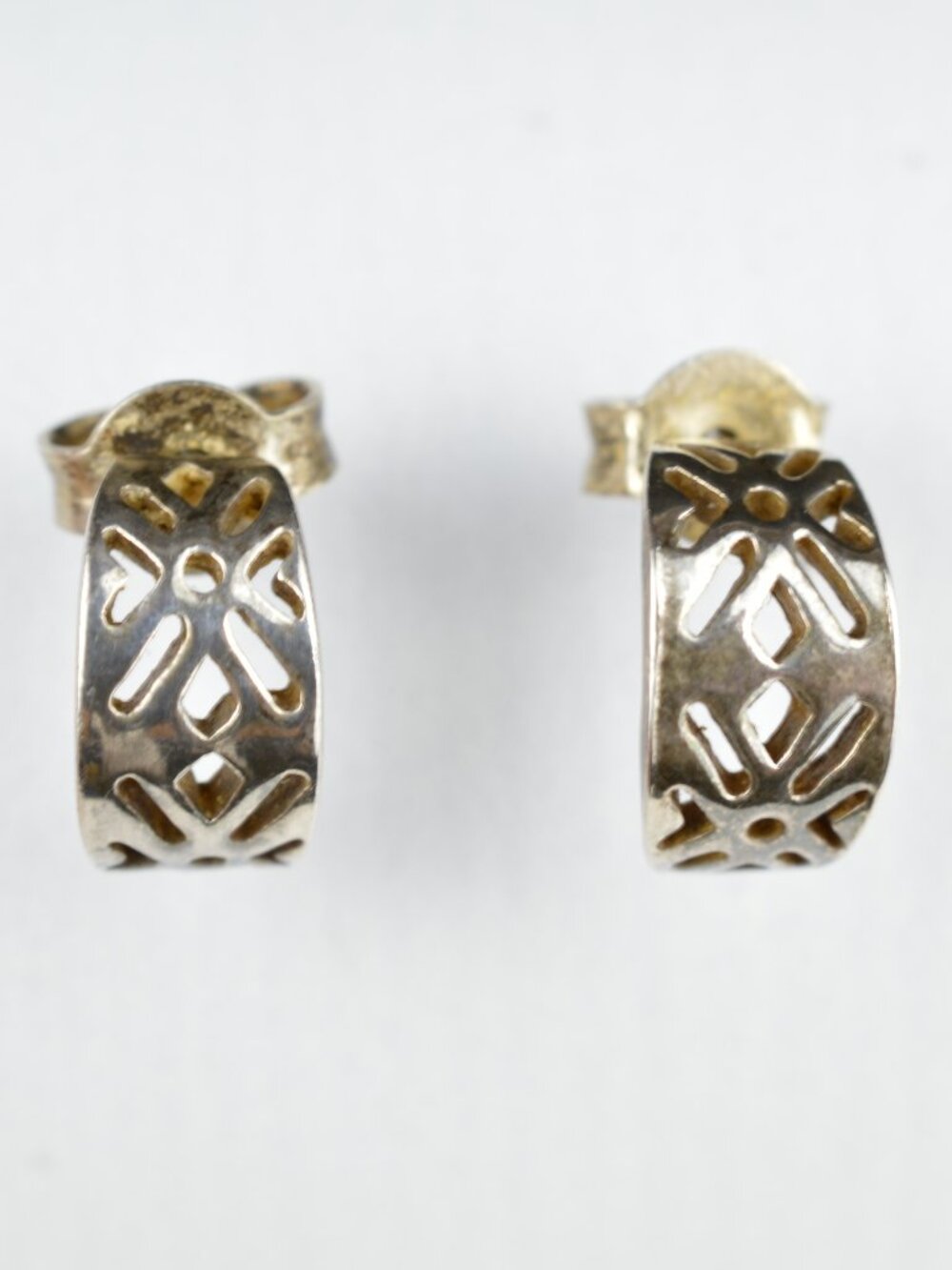 Vintage 925 Sterling Silver Filigree Half Hoop Earrings Openwork Geometric